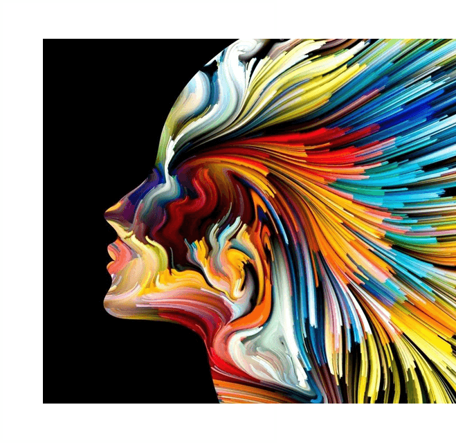 A colorful painting of a woman 's face